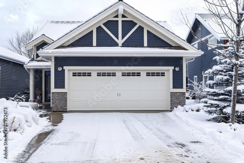 Snowy day white garage door on gray house photo