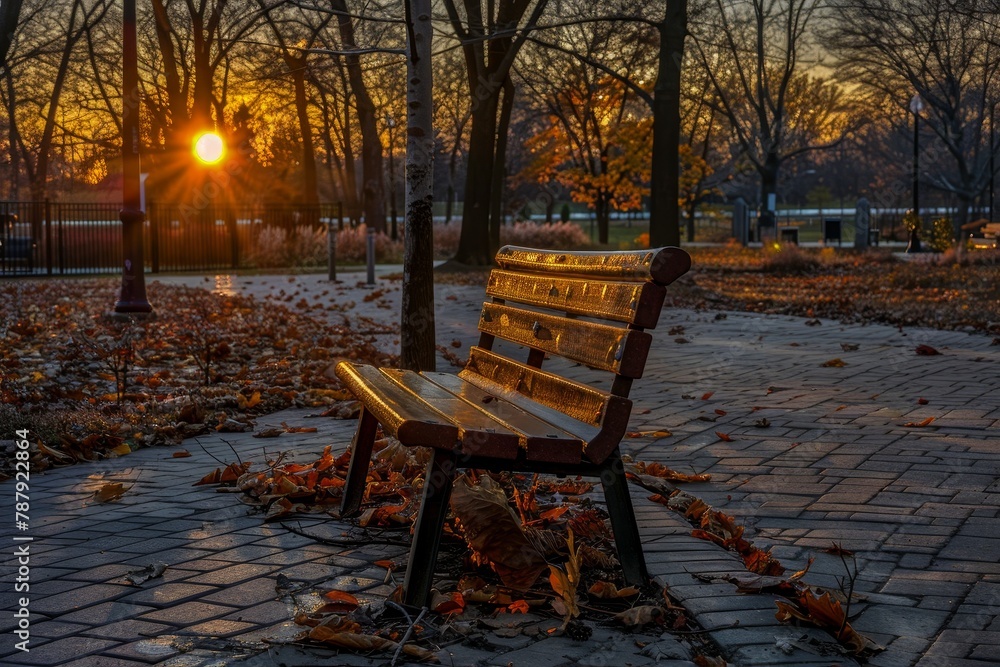 Solitary bench at sunset in the park
