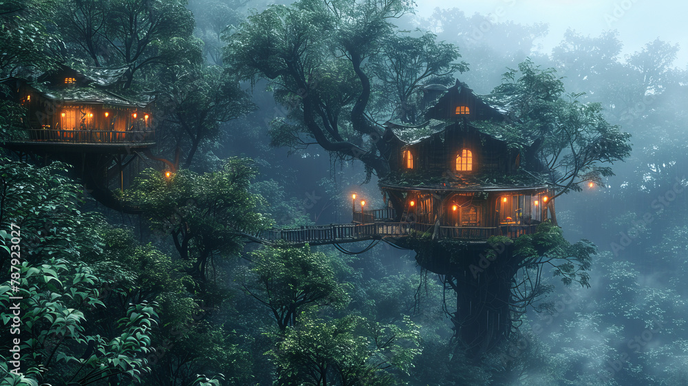 wooden house hanging on a tree and nestled in the middle of a tropical forest,generative ai