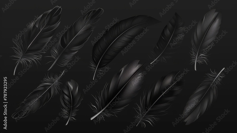 Set of realistic black feathers isolated on transparent background ...
