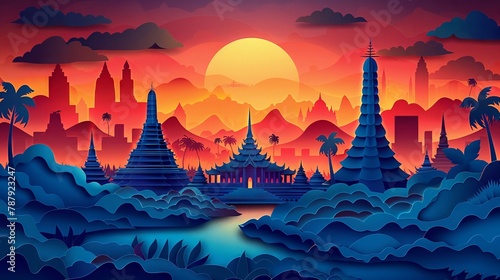 Artistic Thailand landmarks in paper cut, welcoming travel poster, space for copy