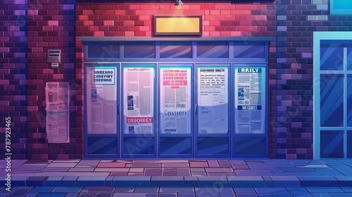 Cartoon modern illustration of a street newsstand with newspapers on the sidewalk against a brick wall at night. Title of a publication about crime appears on the front page of the publication.