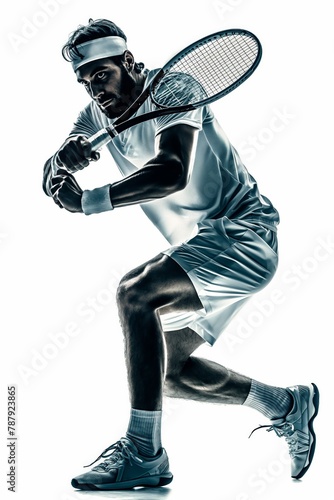 A silhouette of a male tennis player poised to make a powerful shot.