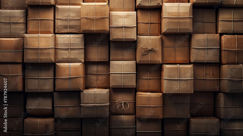 Neatly stacked brown boxes, with container, shipping theme, space for text Neatly stacked brown boxes, with container, shipping theme, space for text