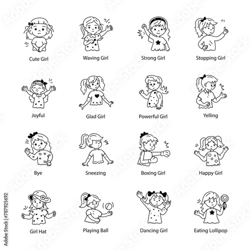 Set of 16 Cute Girls Doodle Icons 

