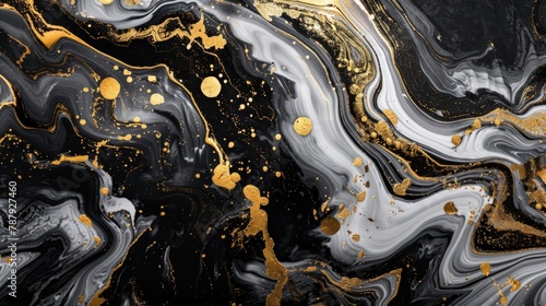 Gold abstract black marble background art paint pattern ink texture watercolor white fluid wall.