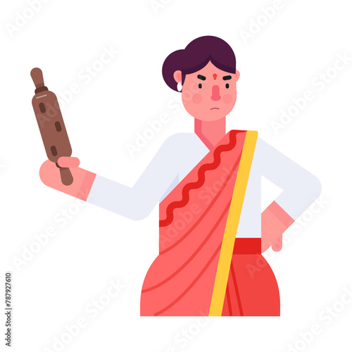 This flat icon depicting angry indian mother holding rolling pin 