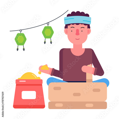 An indian man grinding flour flat icon 