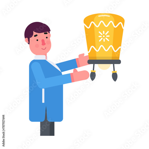 A flat icon of showing indian boy holding sky lantern 