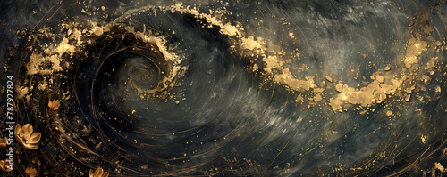 Macro photography of a black and gold swirl with sparkles on a dark background