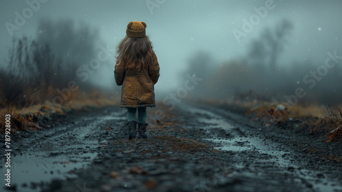a small girl  with a determined expression  she is walking down a desolate road  clutching a Teddy bear  under a heavy sky generative ai