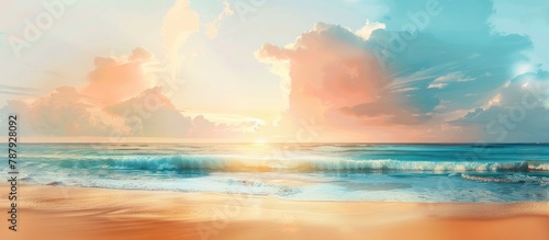 Abstract background of the sea during summer or spring, featuring a golden sandy beach against a backdrop of blue ocean, clouds, and a sunset.