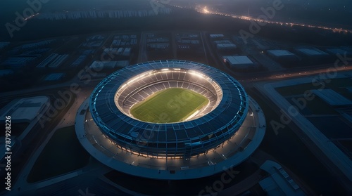 sports stadium modern architecture of the future top view from a drone in blue tones in the evening light.generative.ai 