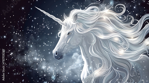 White unicorn vector head with mane and horn  generative Ai