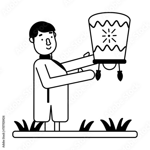 A glyph icon of showing indian boy holding sky lantern 