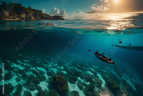 an immersive oceanic scene, showcasing the ever-changing colors of the sea under a setting sun.