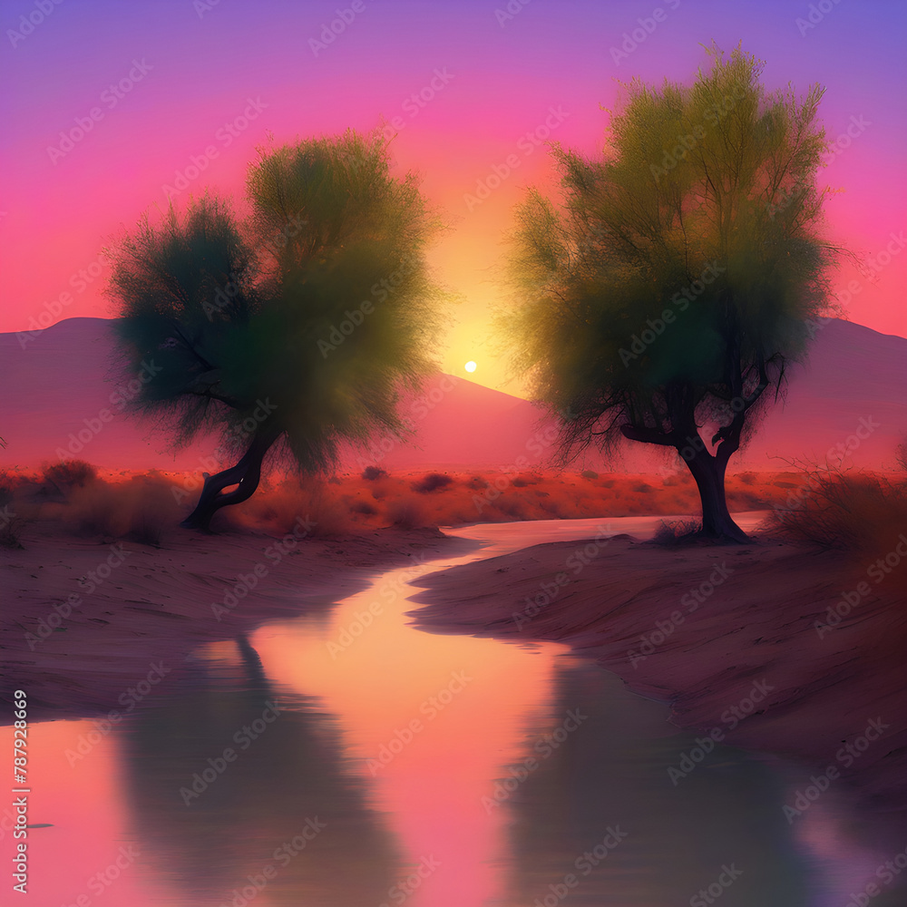sunrise in the desert and trees standing around the river