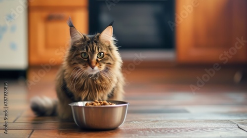 Close up of kitten eating food on blurred kitchen background with copy space, pet care concept, animal behavior 