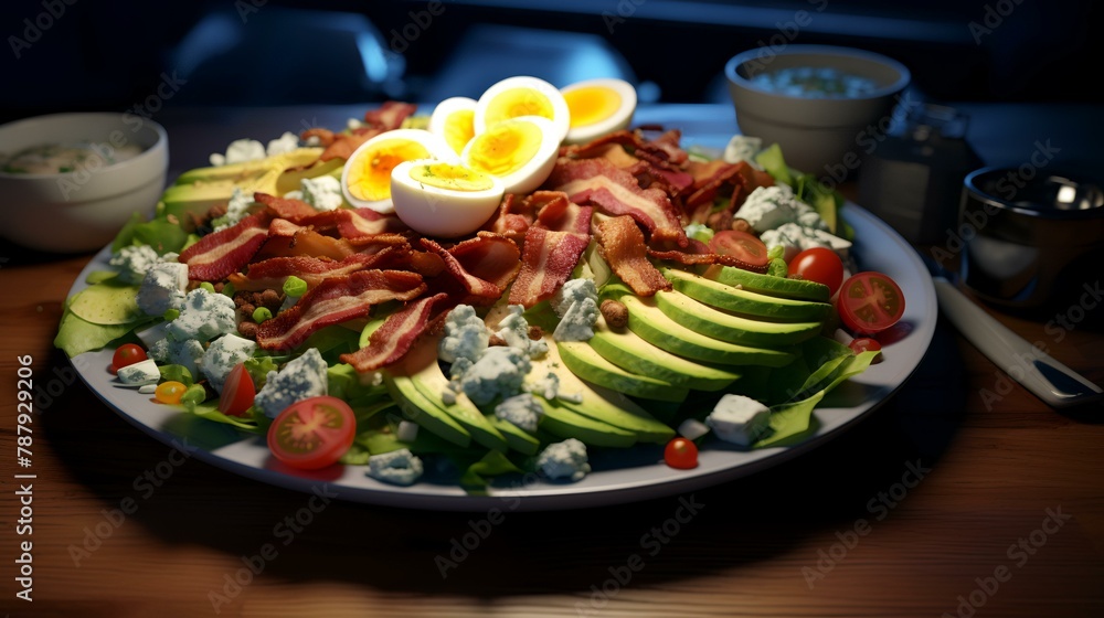 A hearty Cobb salad with rows  of bacon eggs avocado