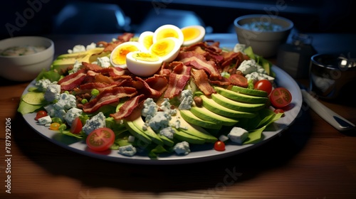 A hearty Cobb salad with rows of bacon eggs avocado