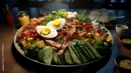A hearty Cobb salad with rows of bacon eggs avocado