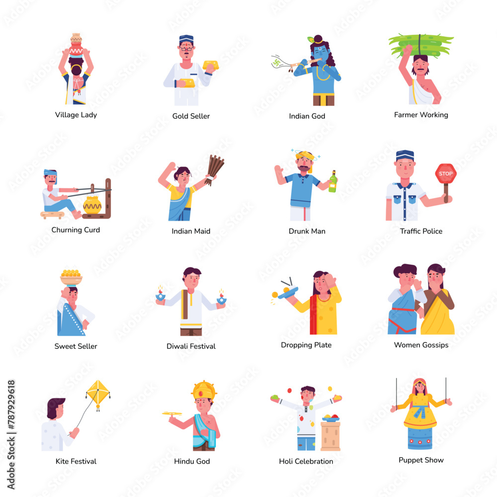 Pack of Indian Heritage Flat Character Icons 

