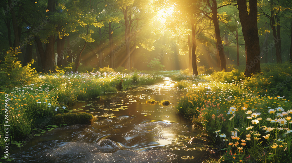 Obraz premium A serene illustration of a peaceful woodland glade, with a babbling brook and wildflowers in bloom