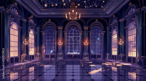 Interior design of a night ballroom. Modern illustration of a dark royal palace with many stars in the midnight sky, luxurious floor, marble columns, and golden chandeliers. Vintage museum design. photo
