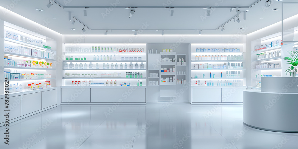 Counter store table pharmacy background shelf drug medical shop drugstore