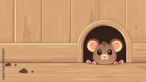This is a cute cartoon mouse hide-out. The door of the mouse hole is hidden in the baseboard. The hole is in the corner of the plinth.