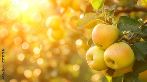 Harvest of ripe juicy yellow apples on a branch in the garden, agribusiness business concept, organic healthy food and non-GMO fruits with copy space 