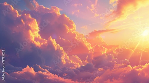 3D morning sunrise soft gradient horizontal panorama of cloudy dawn outdoor skyscape backdrop with sunshine. Beautiful cloudy dawn outdoor skyscape backdrop with sunshine and blurred terrain. #787931035