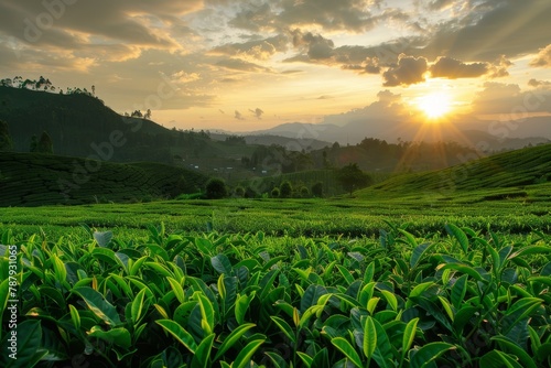 Sunset over a tea plantation landscape
