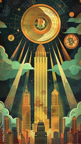 A vintage style poster promoting Lunar Investments with stylized images of gold bars, stocks, and Bitcoin