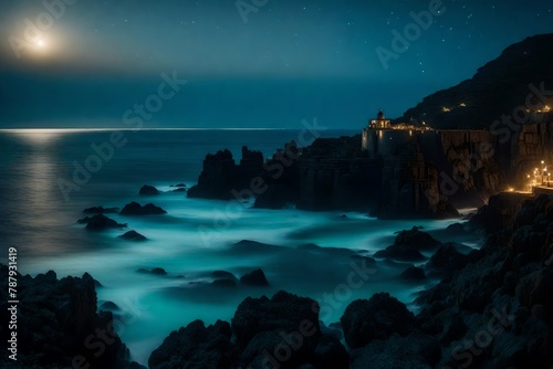 an enchanting seascape, with a panoramic view of the ocean under a clear, star-studded night. © Muhammad