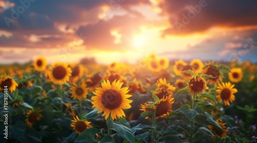 Endless field of sunflowers illuminated by the sun, harvest and agricultural business concept 