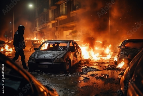 Aftermath of Urban Chaos with Burning Cars and a Silhouette of a Person Observing