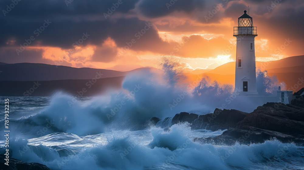 A lone lighthouse standing sentinel against crashing waves on a rocky coastline