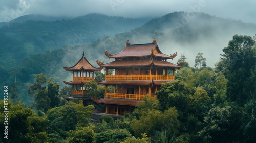 Buddhist temple nestled in lush greenery