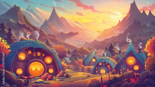 Cartoon dwarf village in mountain valley at sunset. Modern illustration of small fairy tale houses with round windows, farming equipment and fruit and vegetable harvest in autumn. Fantasy game