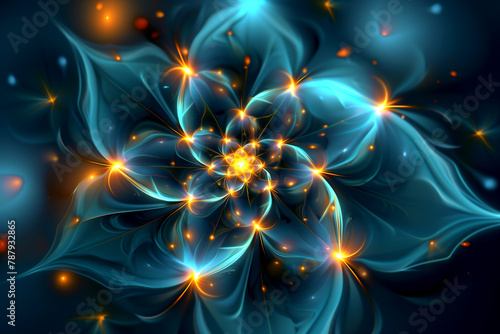 Electric blue fractal art of symmetrical glowing flower on dark background