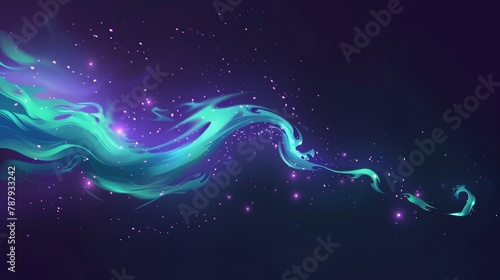An effect of magic spells in neon green, isolated on a dark background. An energetic effect of witches with purple glow and sparkles. A fantasy cosmic vibrant wizard shape.