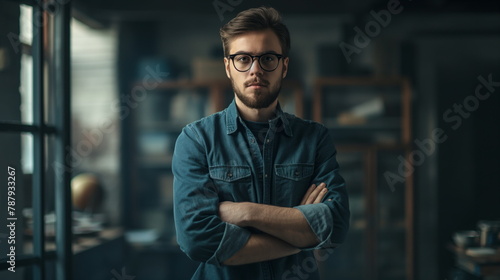 Casual man standing with his arms crossed, looking confidently into the camera
