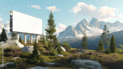 Large blank billboard stands in a natural setting with mountains in the background, inviting potential advertisements against a serene landscape photo