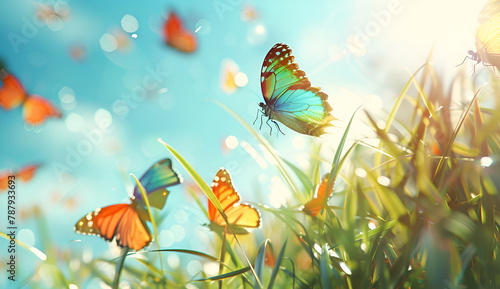 Closeup colorful butterfly flying field grass sunrise