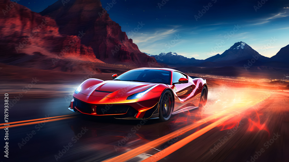sports car riding on highway road. Car in fast motion. Fast moving supercar on the street. 3d illustration sports car riding on highway road. Car in fast motion. Fast moving supercar on the street. 3d illustration