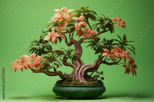 A bonsai tree adorned with delicate pink flowers set against a lush green background