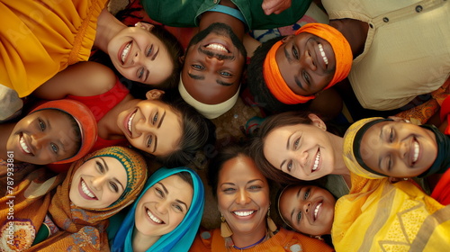 Top view of smiling friends from diverse ethnic backgrounds huddled closely, showing unity and happiness