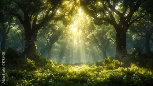 illustration of a dense forest with shafts of sunlight filtering through the canopy