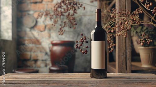 empty wine bottle label mockup on a rustic background, awaiting your design © Mars0hod